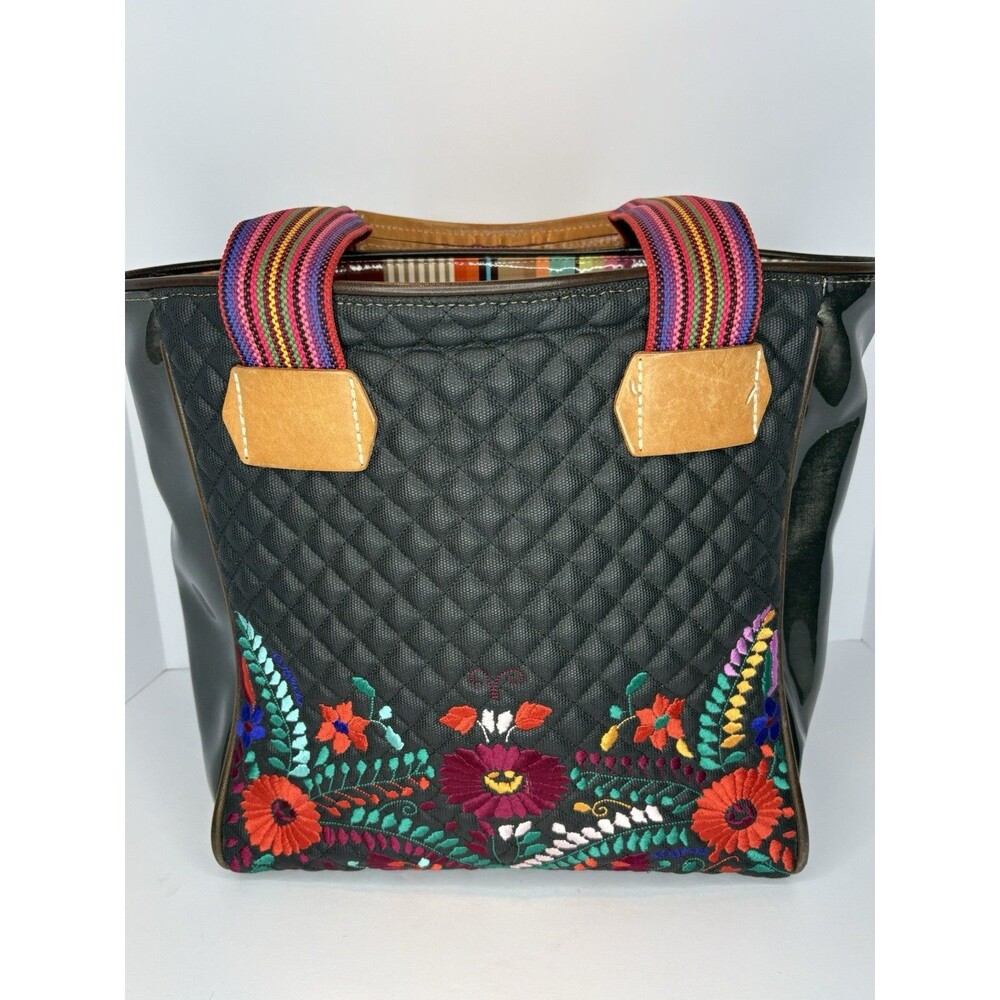 Consuela Venice Classic Tote Black Quilted Floral Embroidery Rainbow Straps HTF⁠